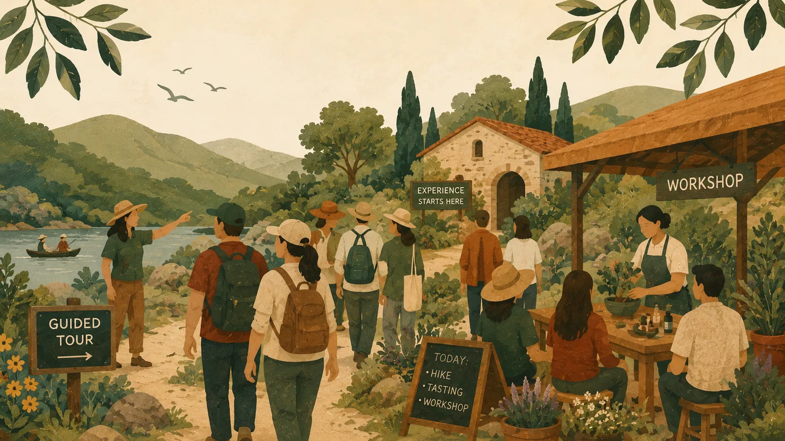 Illustration of a guided tour group walking a trail